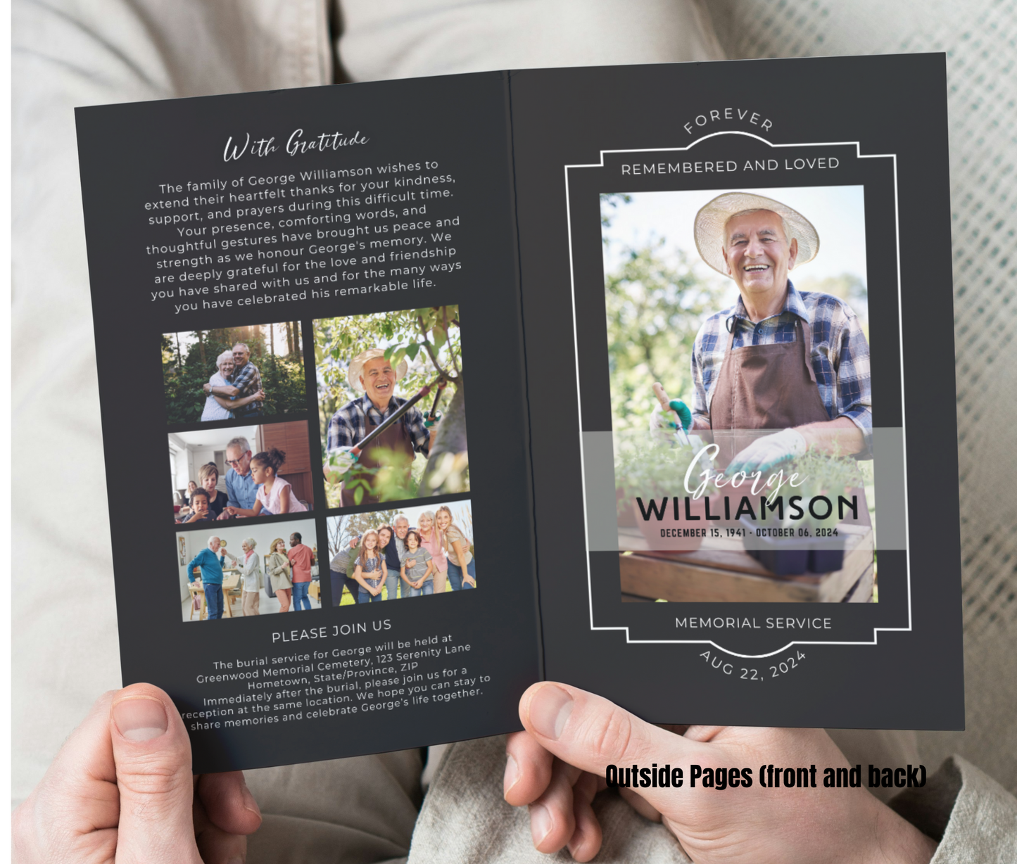 Modern Bi-Fold, Double-Sided Funeral Program and Death Announcement Card