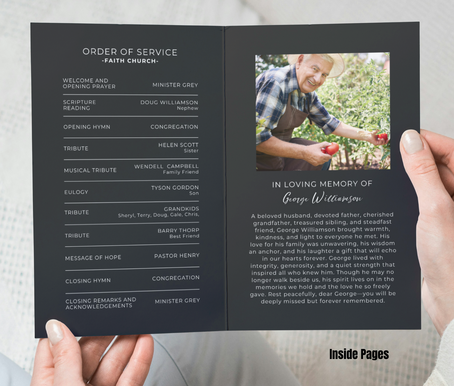Modern Bi-Fold, Double-Sided Funeral Program and Death Announcement Card