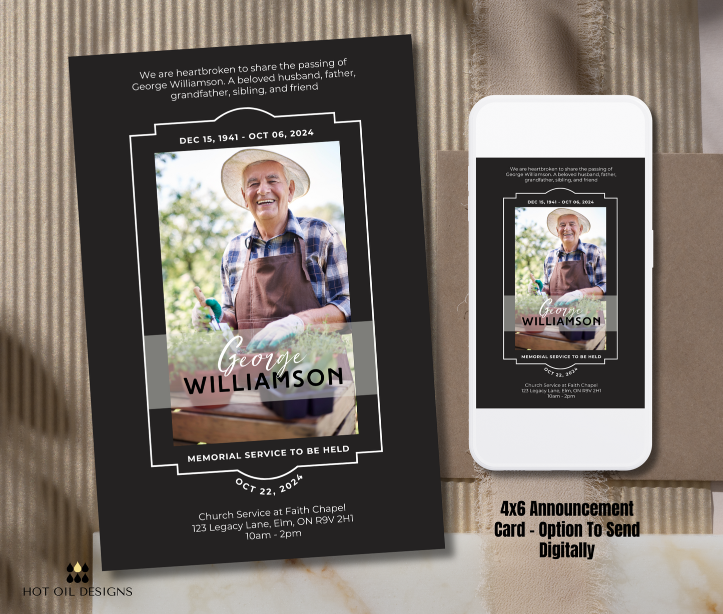 Modern Bi-Fold, Double-Sided Funeral Program and Death Announcement Card