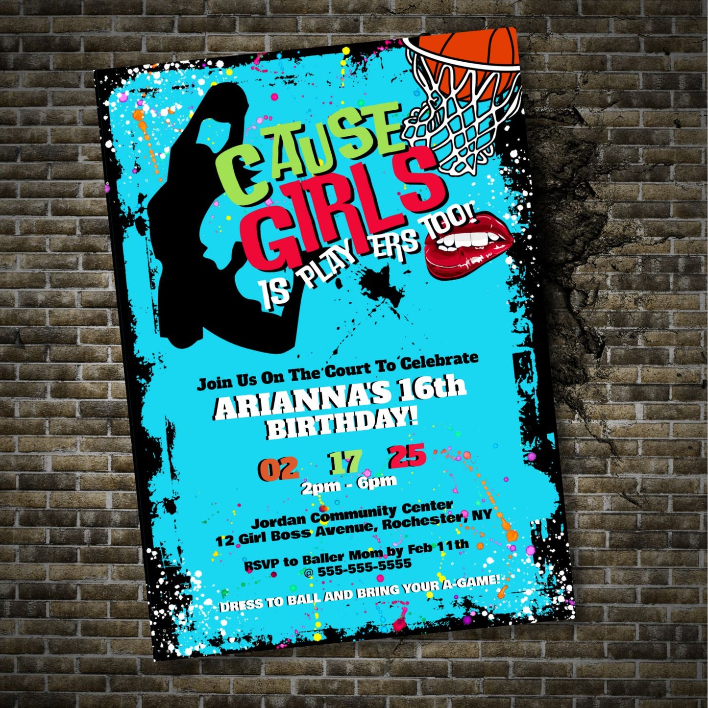 Girls Is Players Too Basketball Birthday Invitation