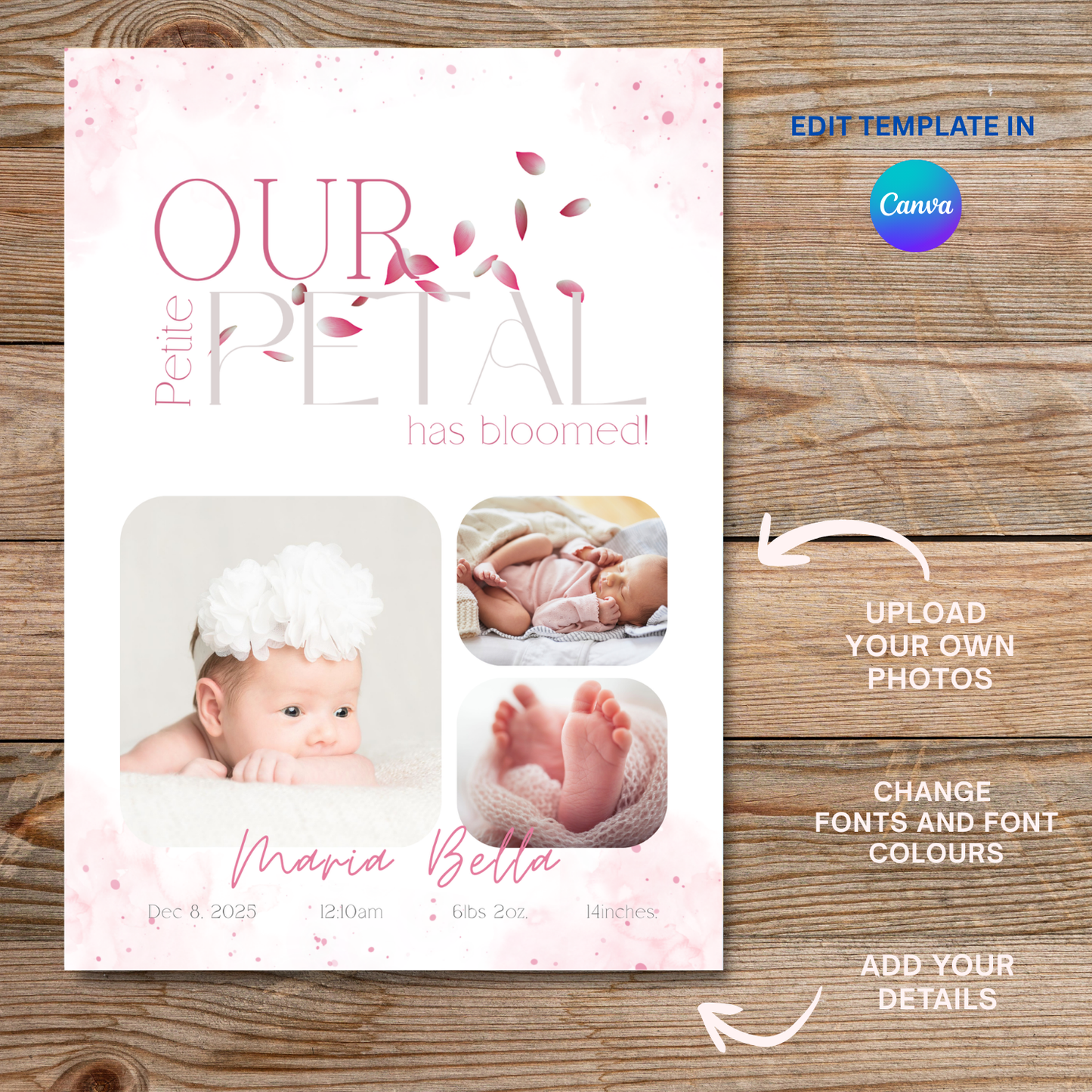 Our Petite Petal Baby Announcement Card Template