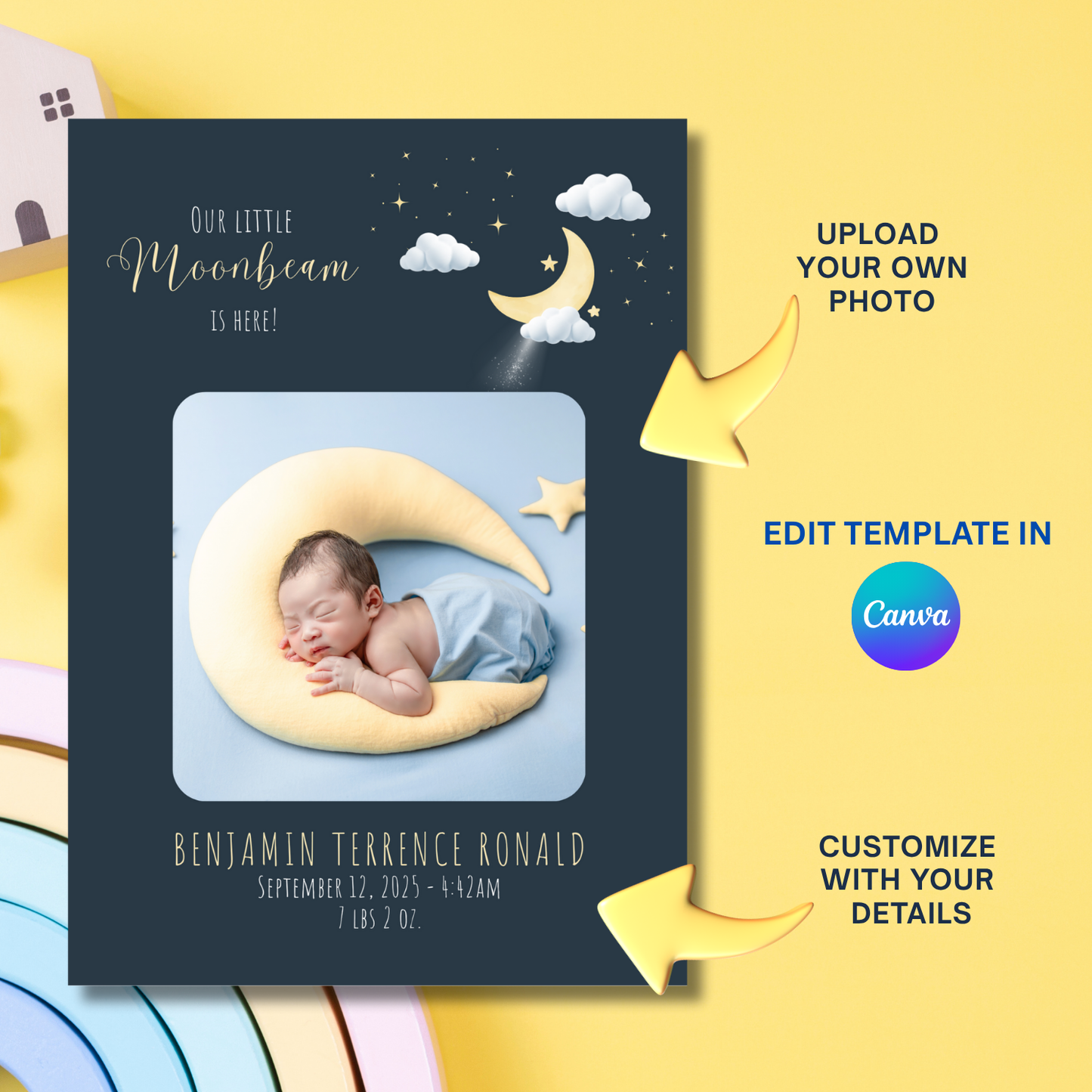 Our Little Moonbeam Birth Announcement Card Template