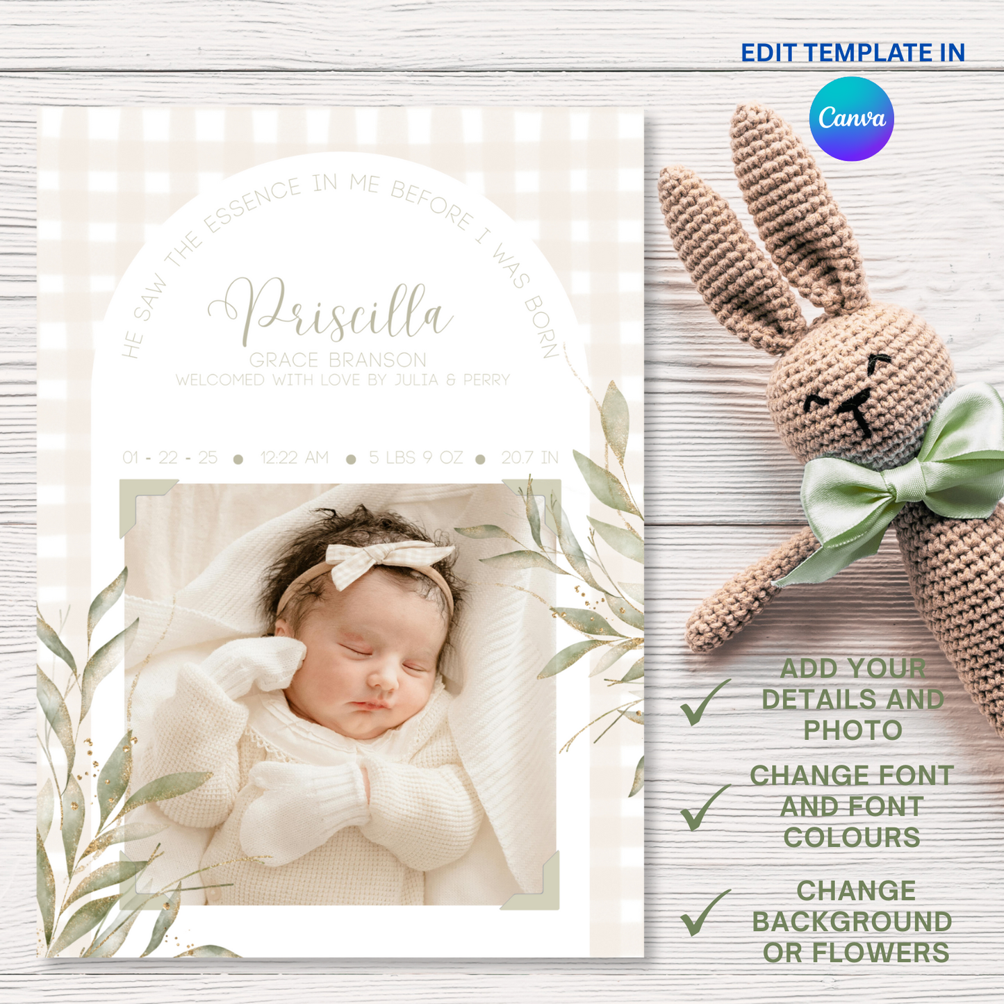Religious Gingham Photo Birth Announcement Card