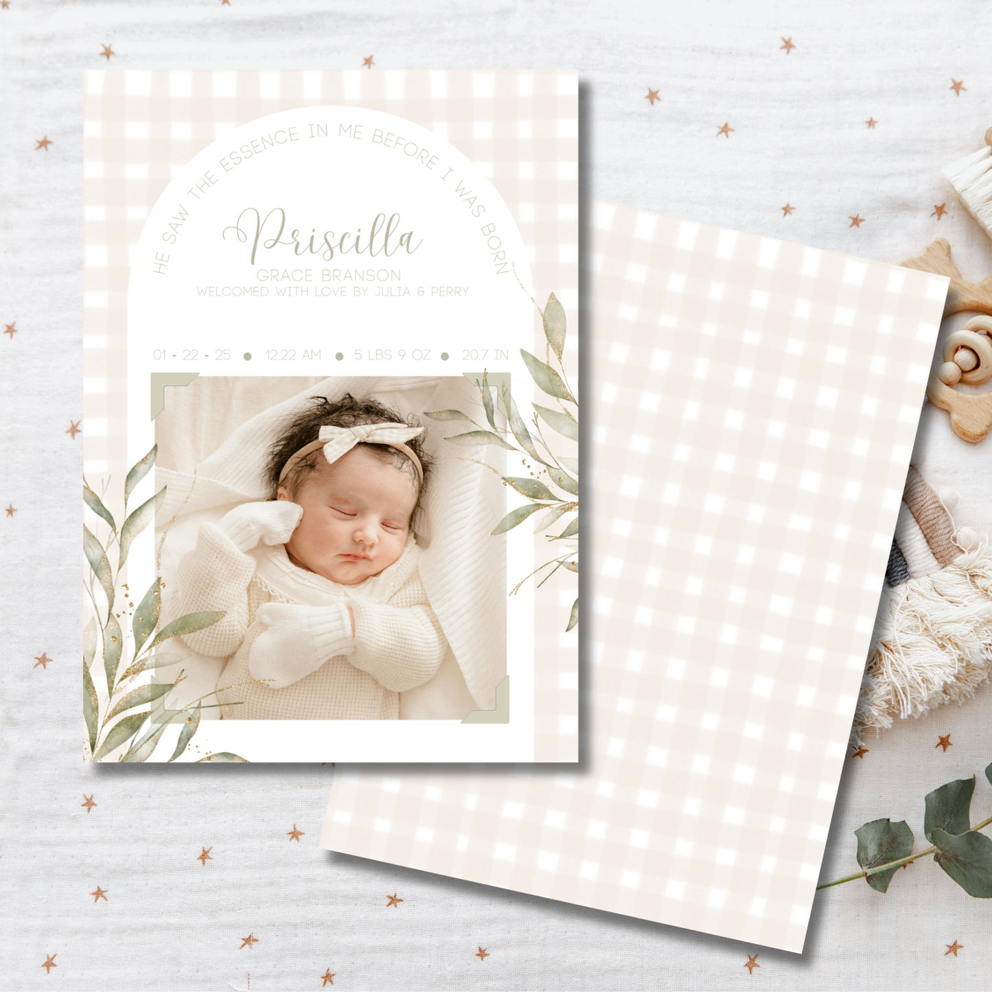 Religious Gingham Photo Birth Announcement Card