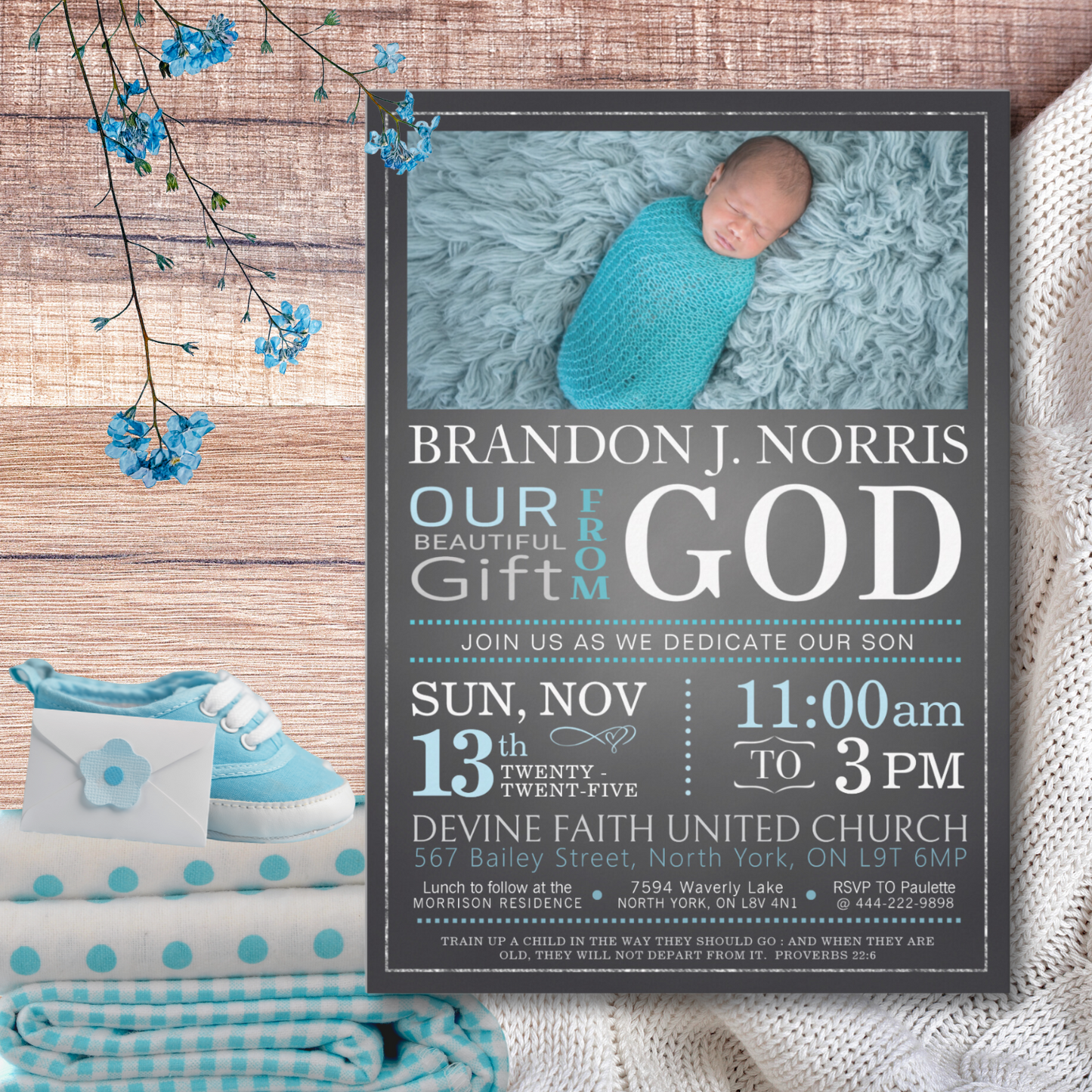 Blue Chalkboard Baby Dedication Invitation, Christening Invitation, Baby Blessing Invite - Size 5x7, Editable Templates