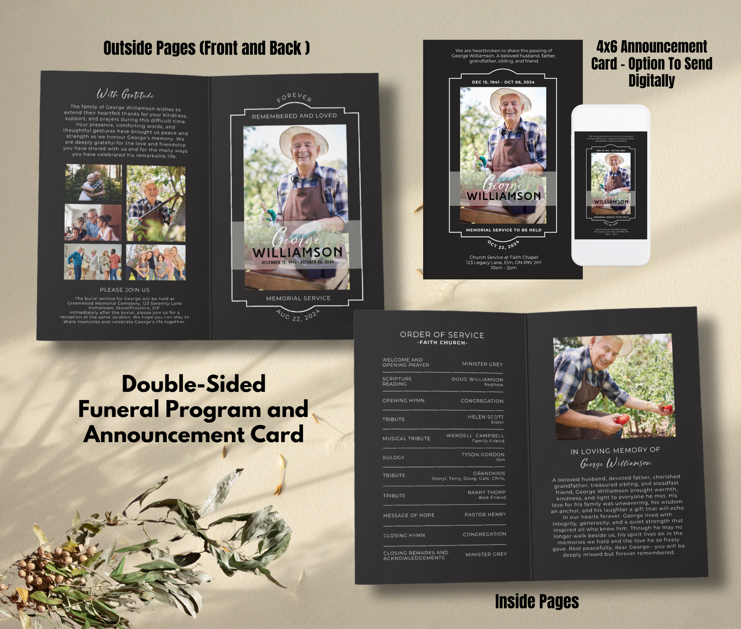 Modern Bi-Fold, Double-Sided Funeral Program and Death Announcement Card