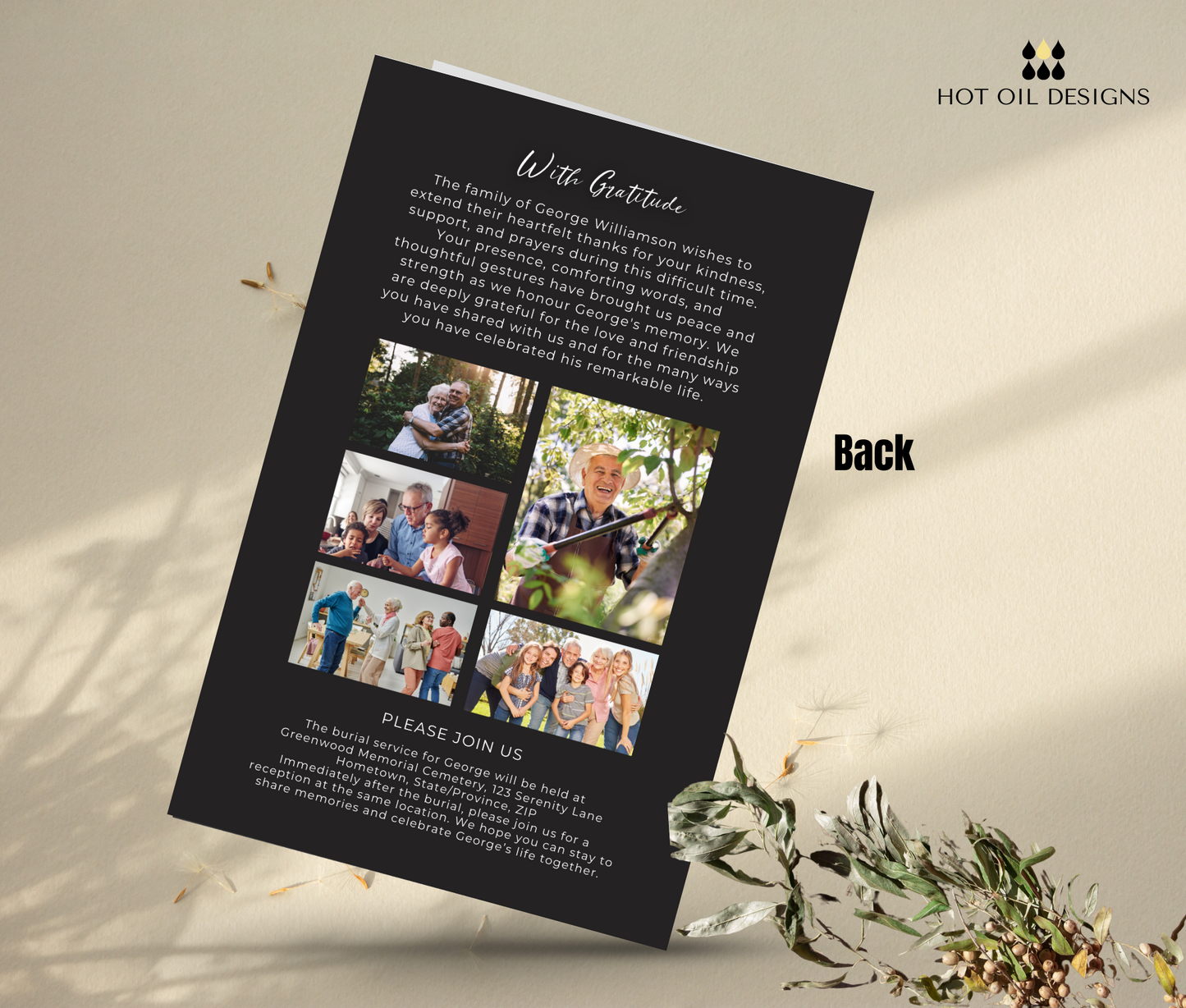 Modern Bi-Fold, Double-Sided Funeral Program and Death Announcement Card