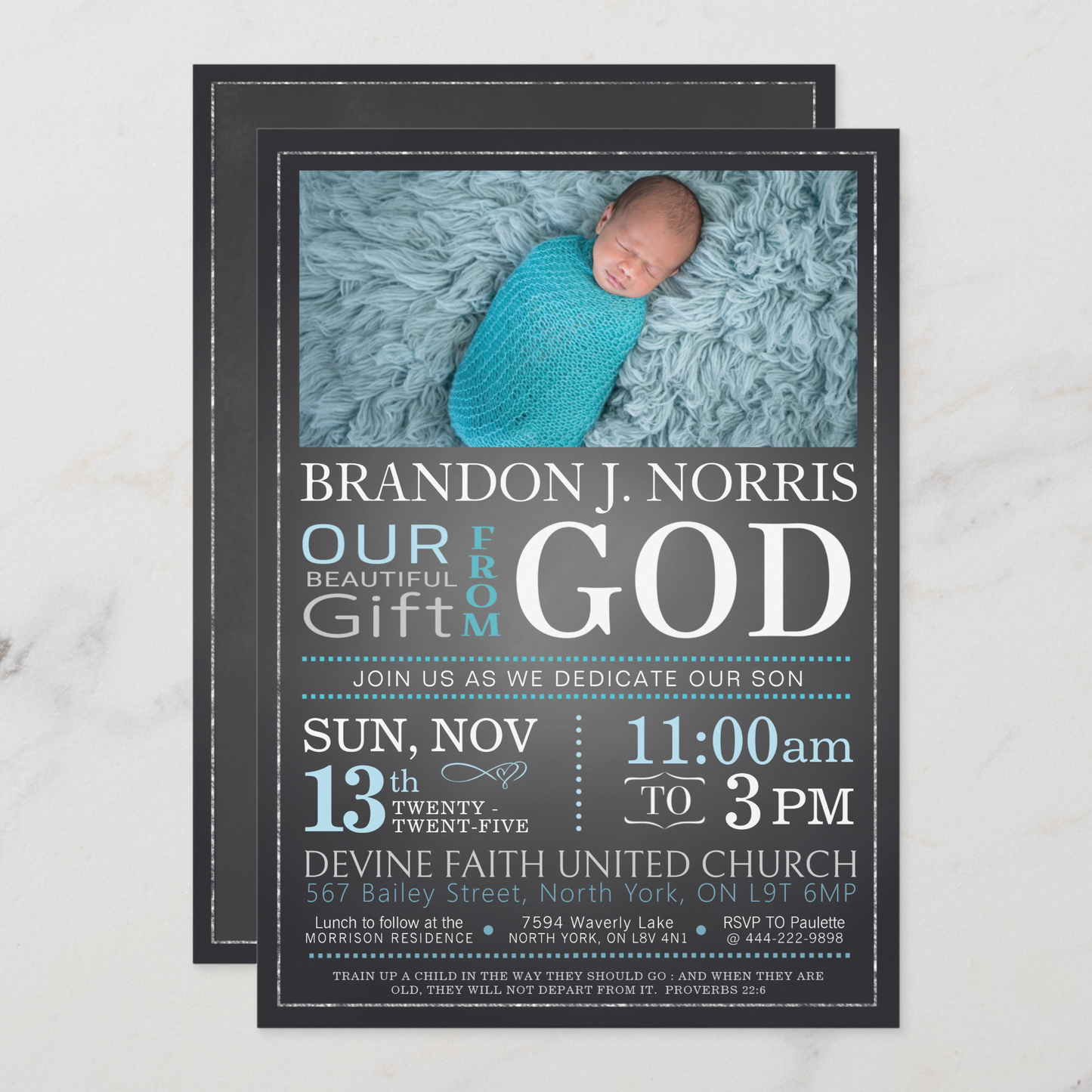 Blue Chalkboard Baby Dedication Invitation, Christening Invitation, Baby Blessing Invite - Size 5x7, Editable Templates