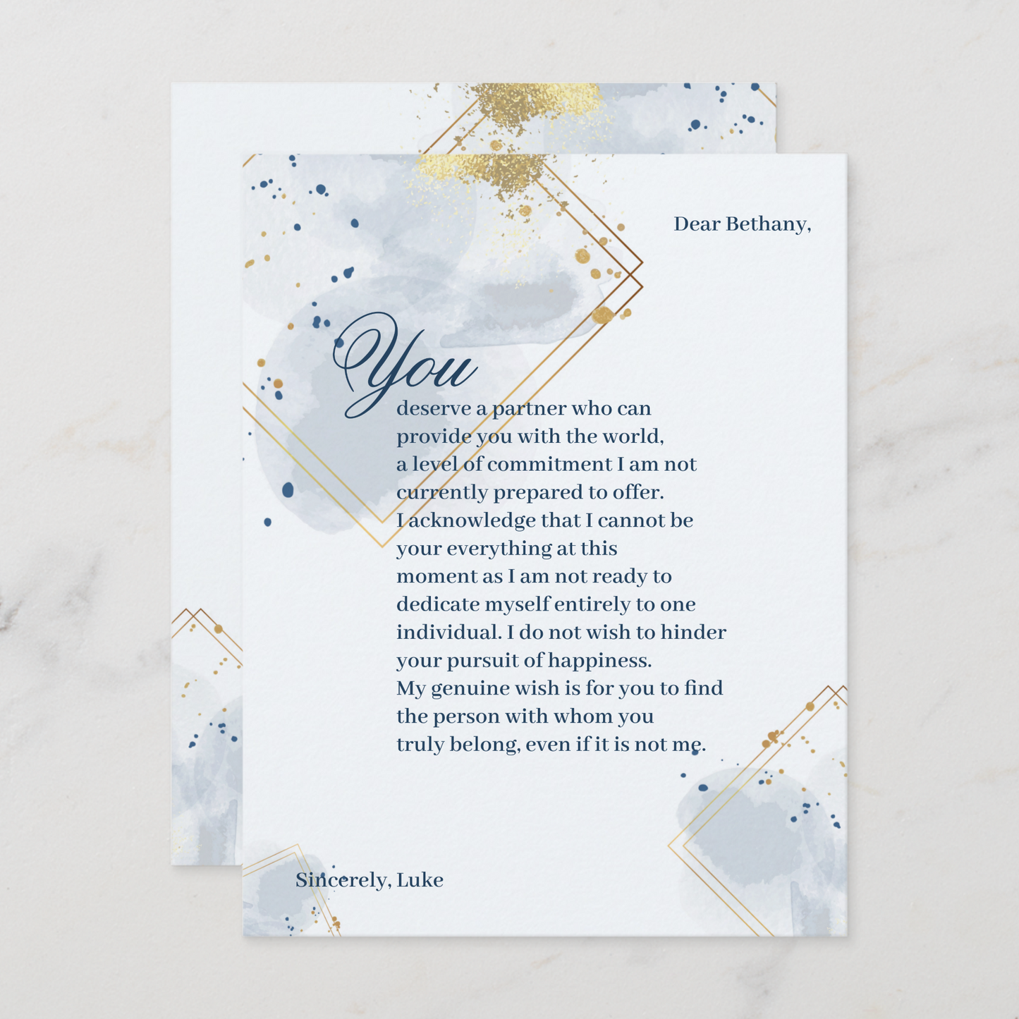 Blue and Gold Breakup Card