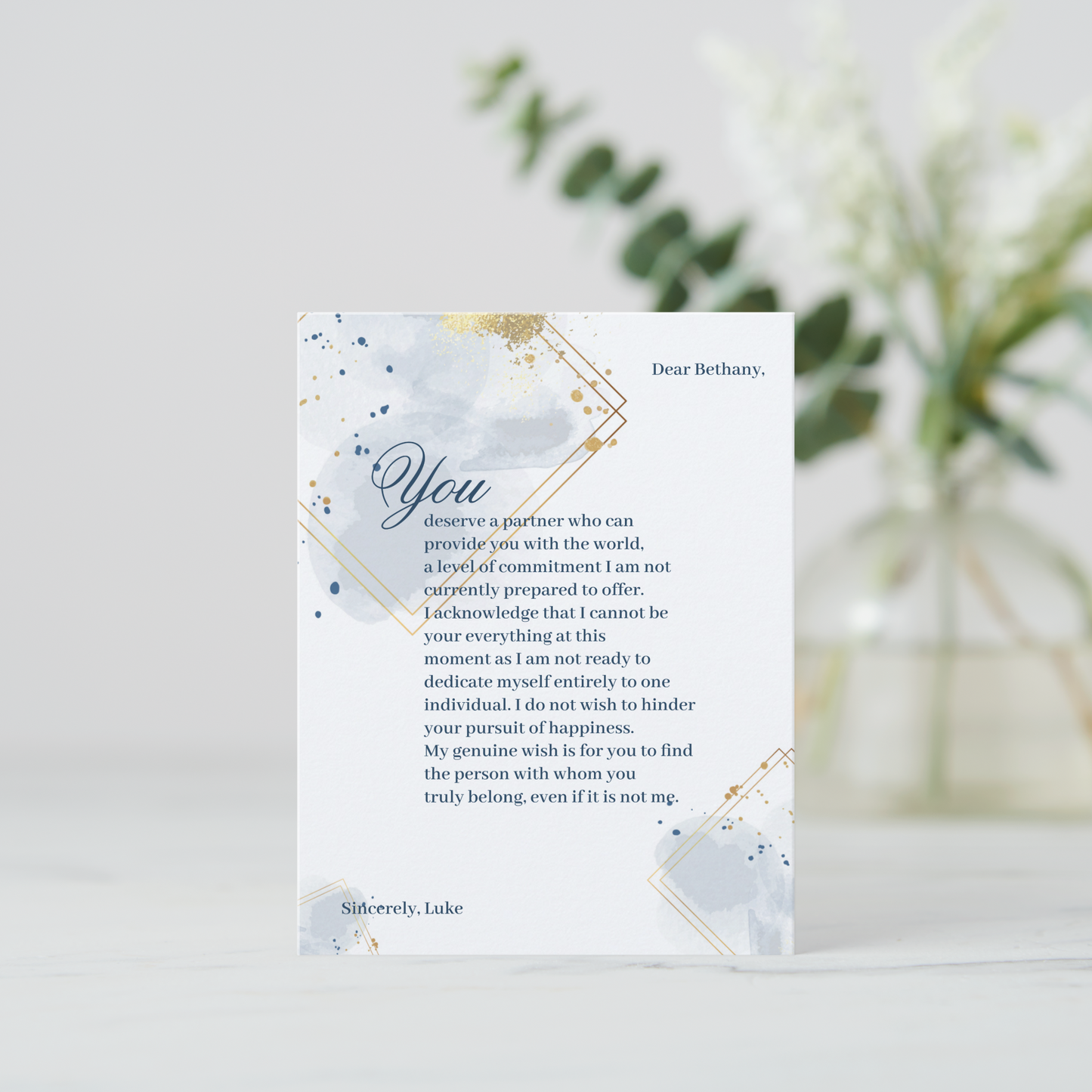 Blue and Gold Breakup Card