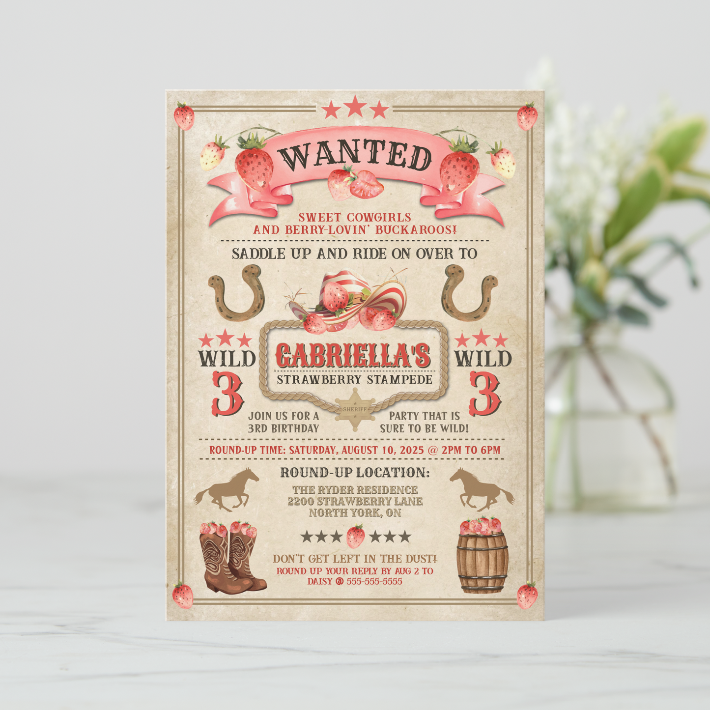 Strawberry Stampede Birthday Invitation