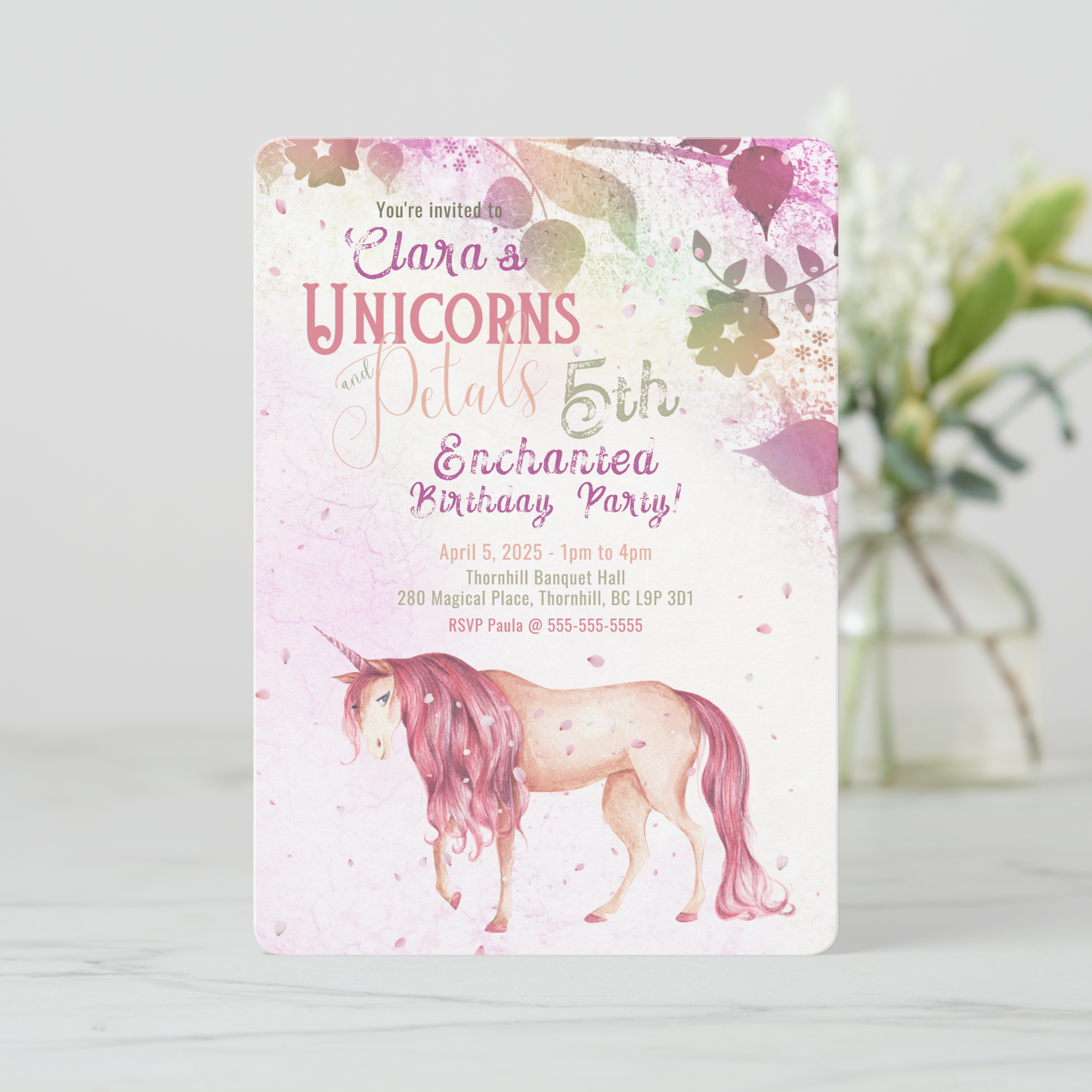 Unicorns and Petals Birthday Invitation