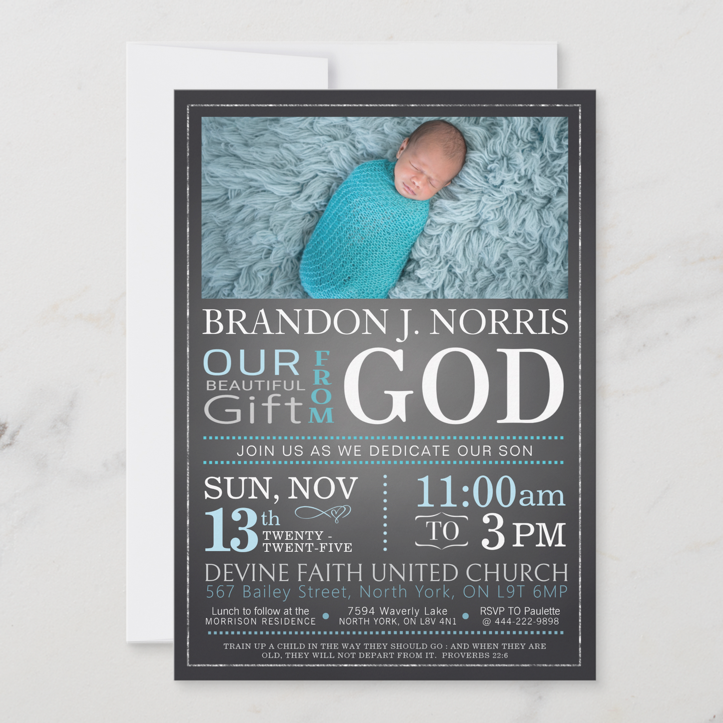 Blue Chalkboard Baby Dedication Invitation, Christening Invitation, Baby Blessing Invite - Size 5x7, Editable Templates