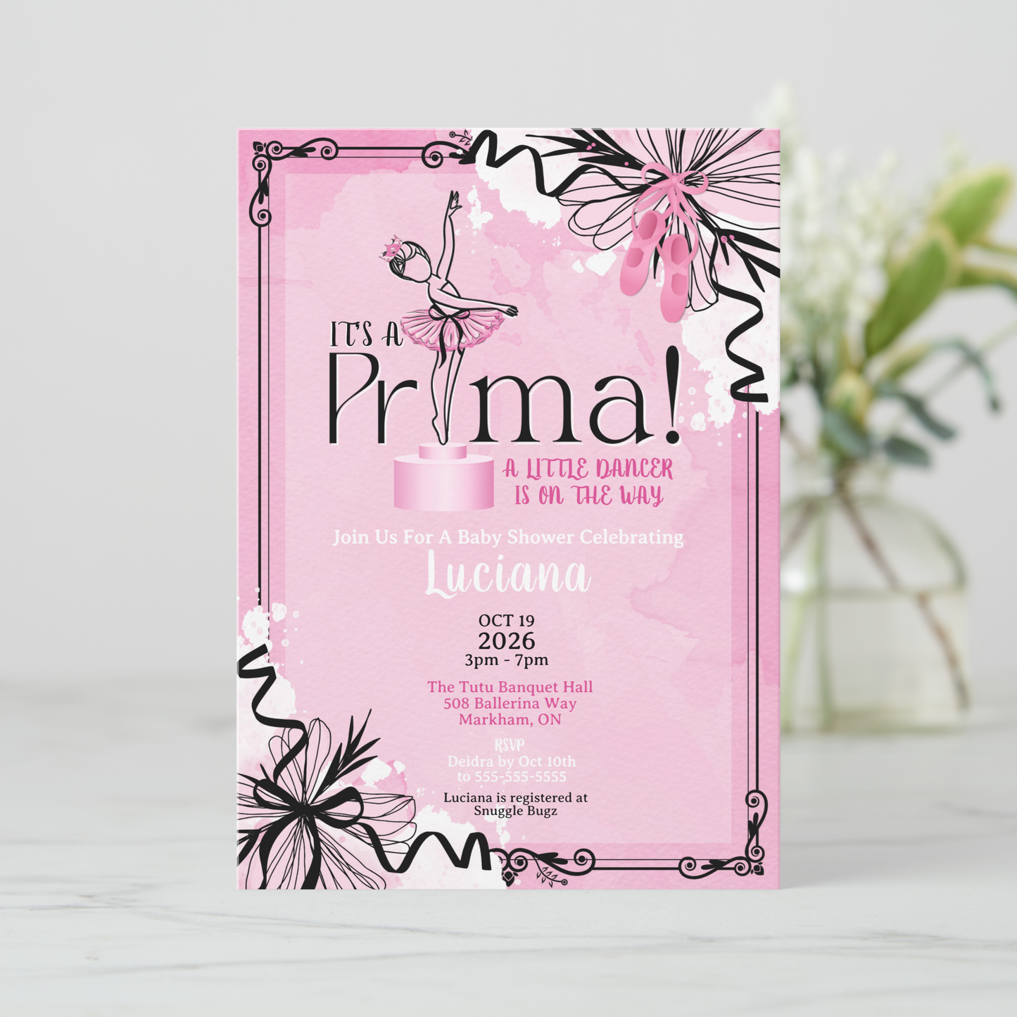 Ballerina Baby Shower Invitation Template | Editable Pink Ballet Theme Invite