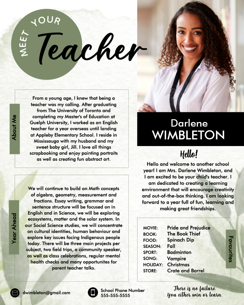Botanical Meet The Teacher Template, Back To School Editable Template