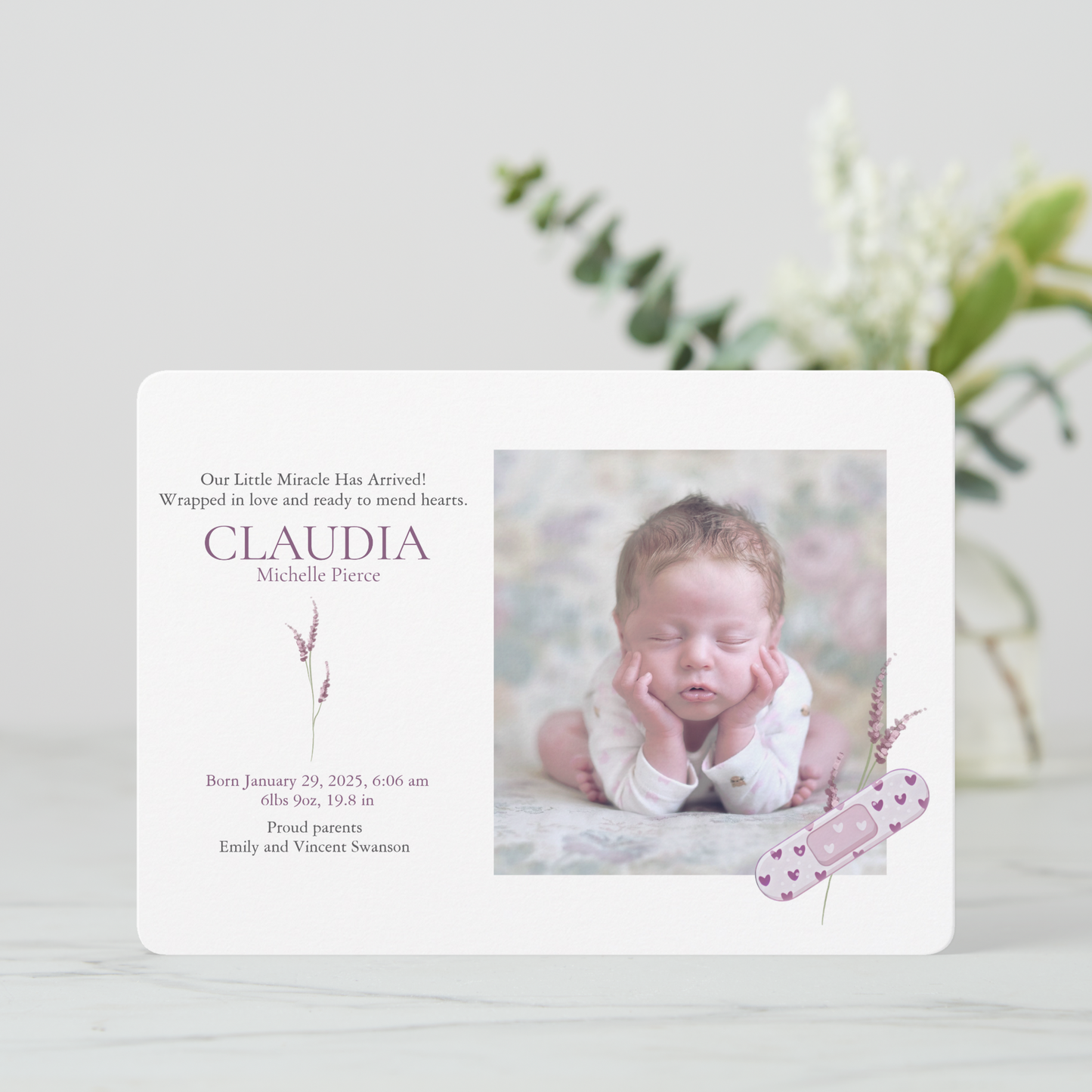 Mending Hearts Pink Baby Announcement Card