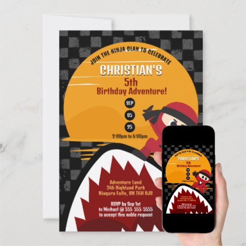 Red Ninja Shark Tamer Birthday Invitation