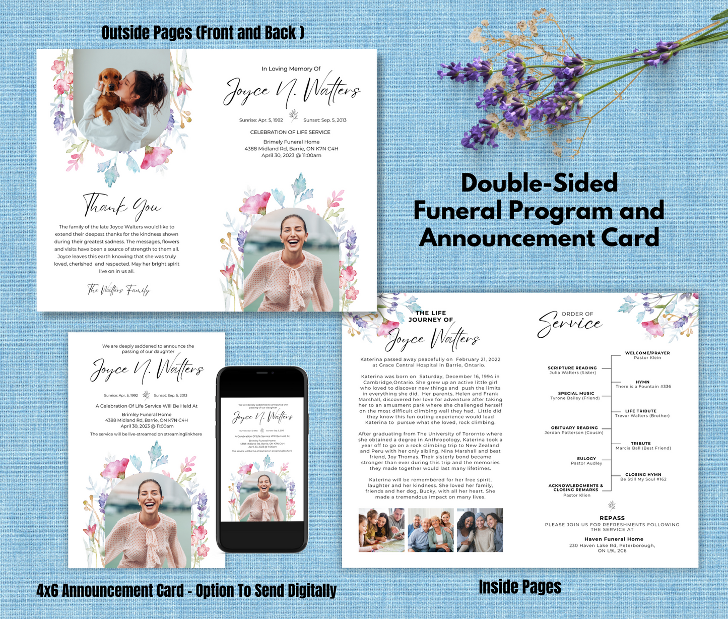 Wild Flowers Bi-Fold, Double-Sided Funeral Program and Death Announcement Card