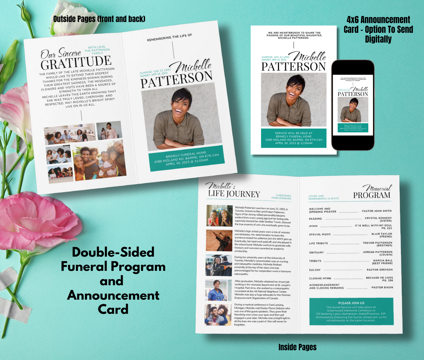 Bi-Fold, Double-Sided Funeral Program and Death Announcement Card