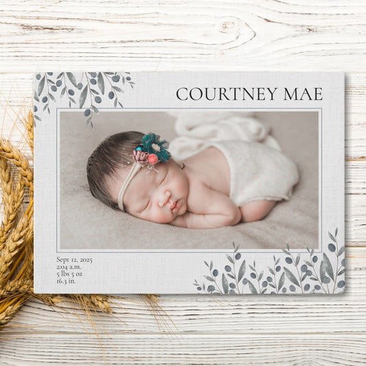 Blue Leaves Baby Photo Announcement Card