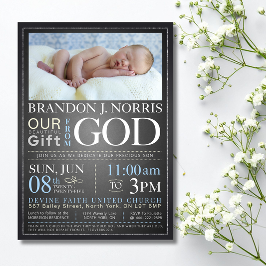 Baby Boy Chalkboard Baby Dedication Invitation Template