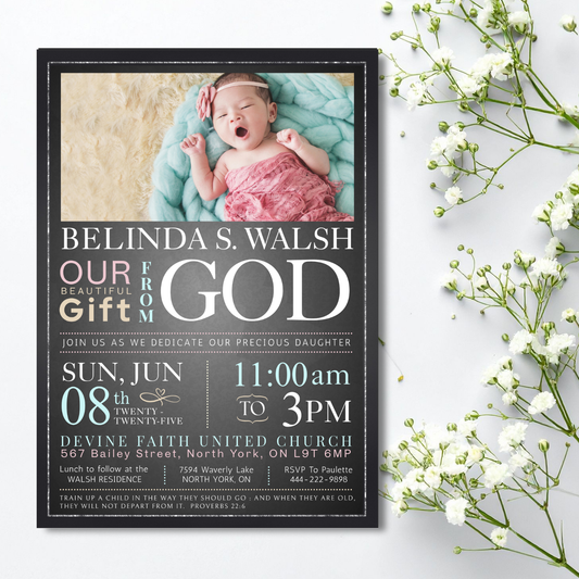 Baby Girl Chalkboard Dedication Invitation Template