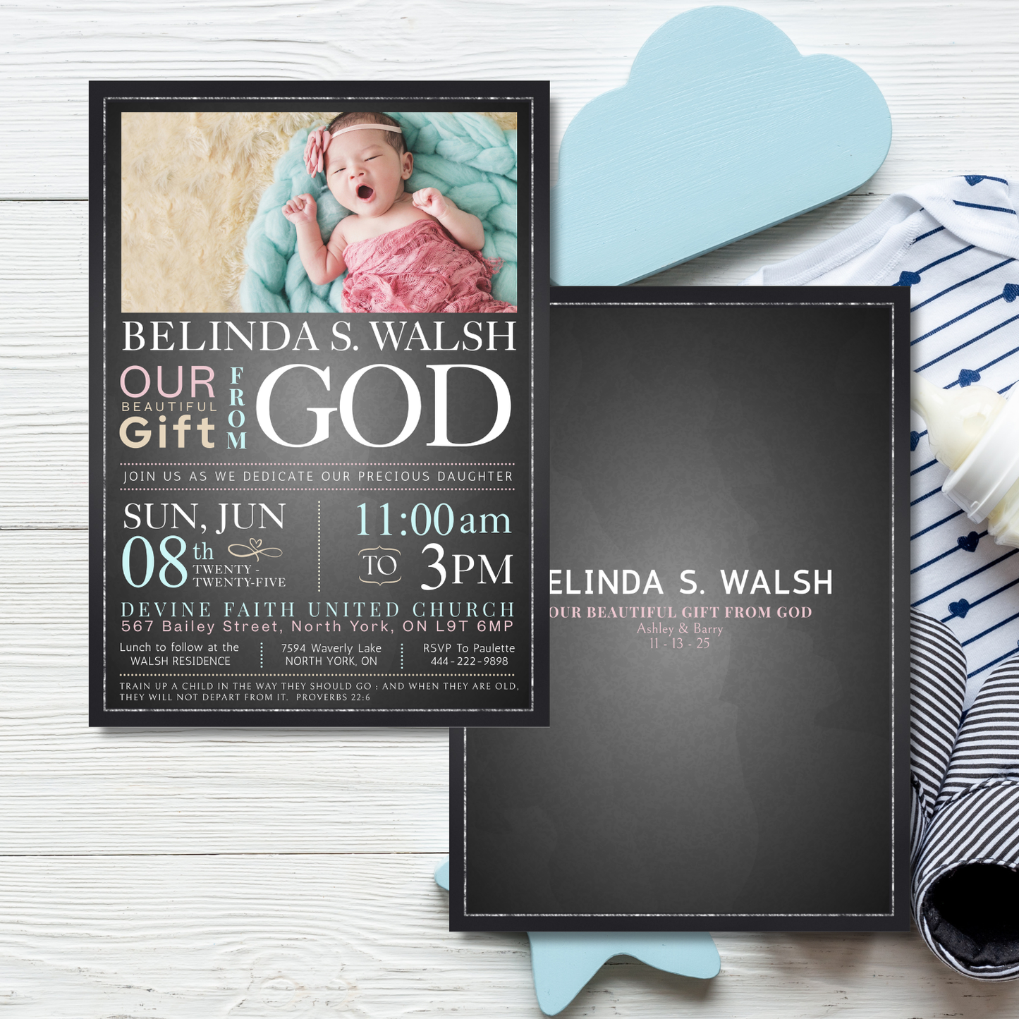 Baby Girl Chalkboard Dedication Invitation Template