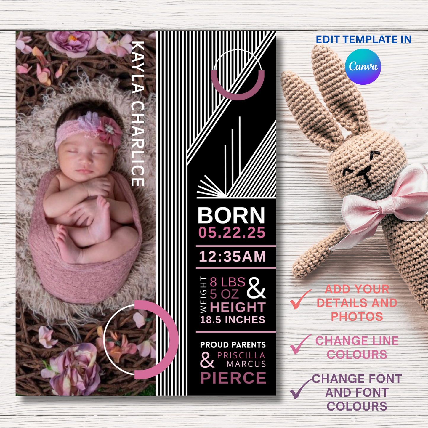 Contemporary Birth Announcement Card Template