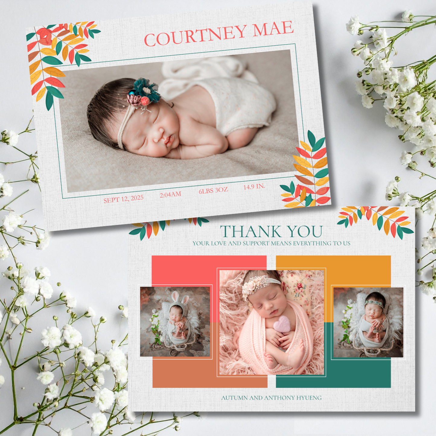 Colourful Leaves Baby Photo Announcement Card Template