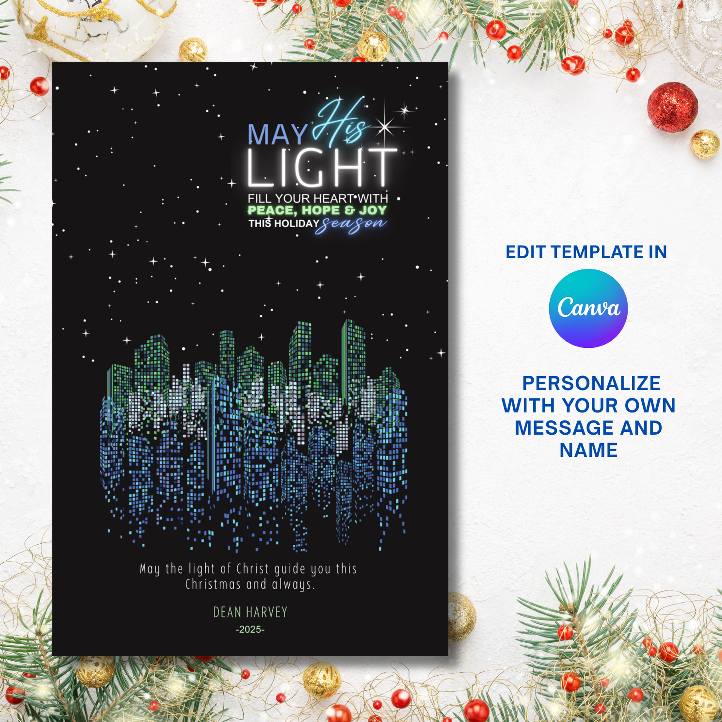 Modern Cityscape Religious Christmas Card Template