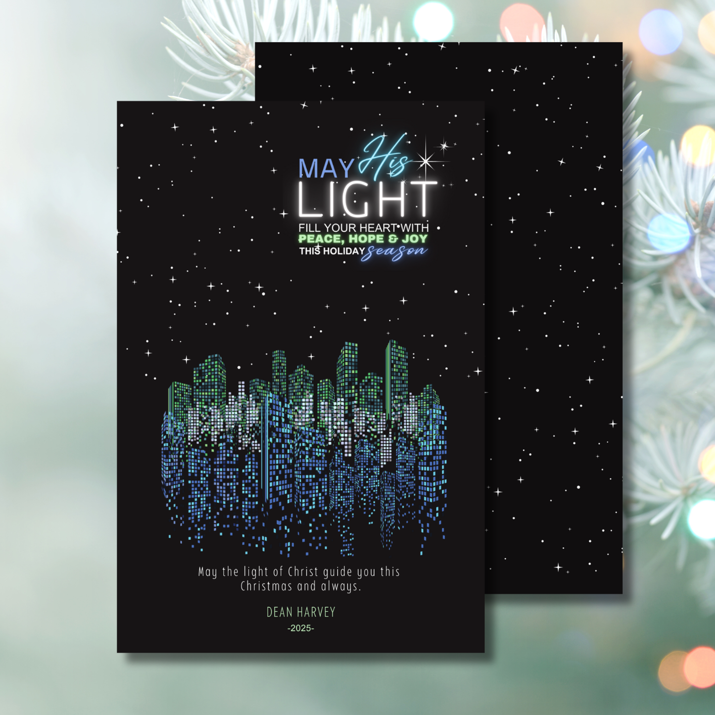 Modern Cityscape Religious Christmas Card Template