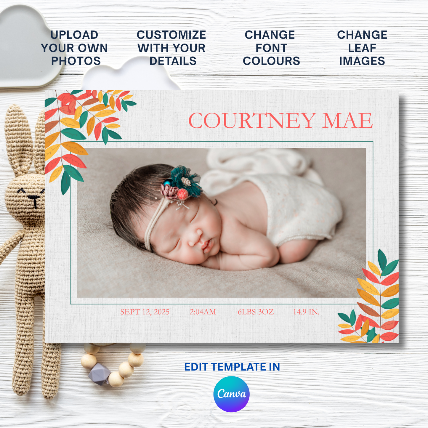 Colourful Leaves Baby Photo Announcement Card Template