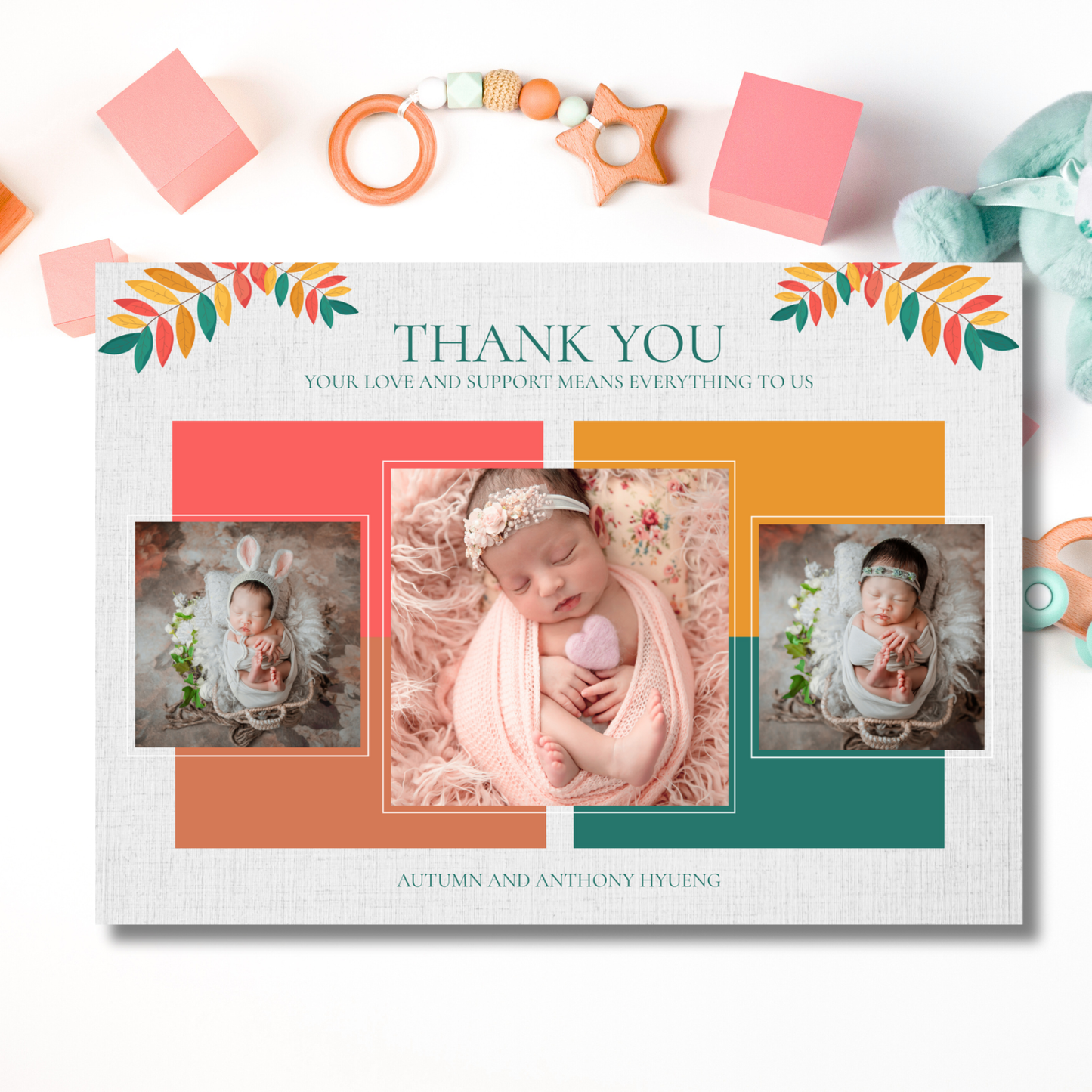 Colourful Leaves Baby Photo Announcement Card Template