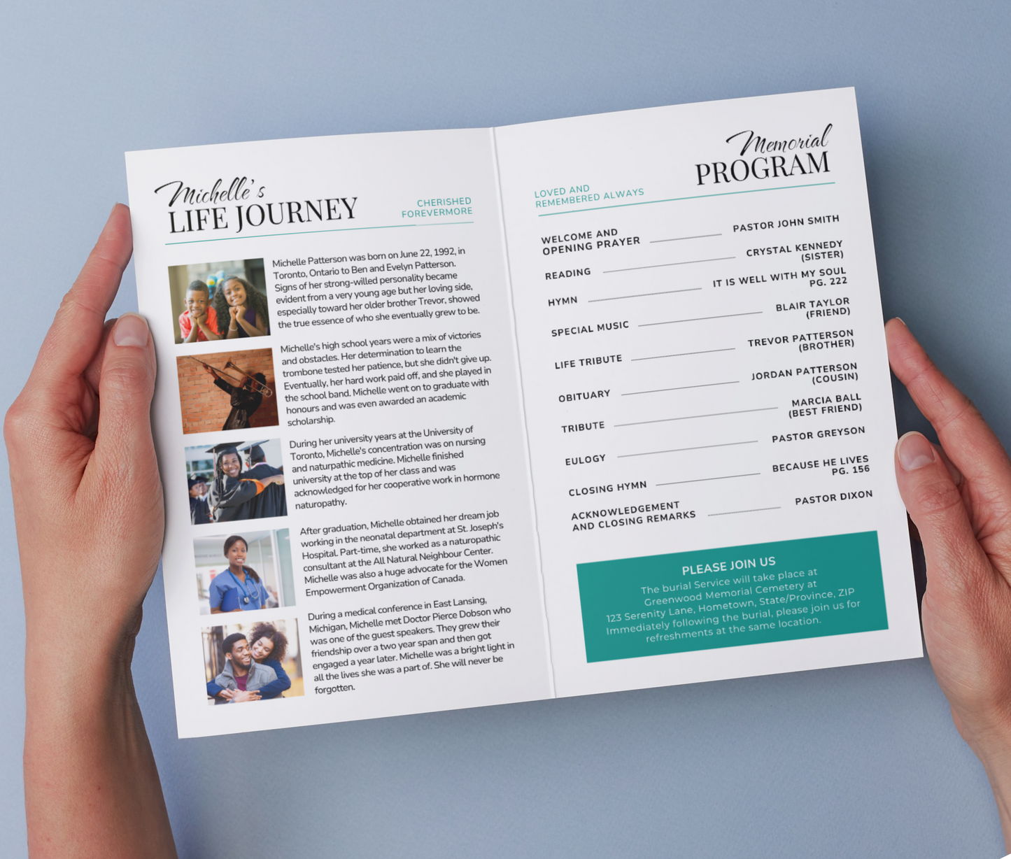 Bi-Fold, Double-Sided Funeral Program and Death Announcement Card