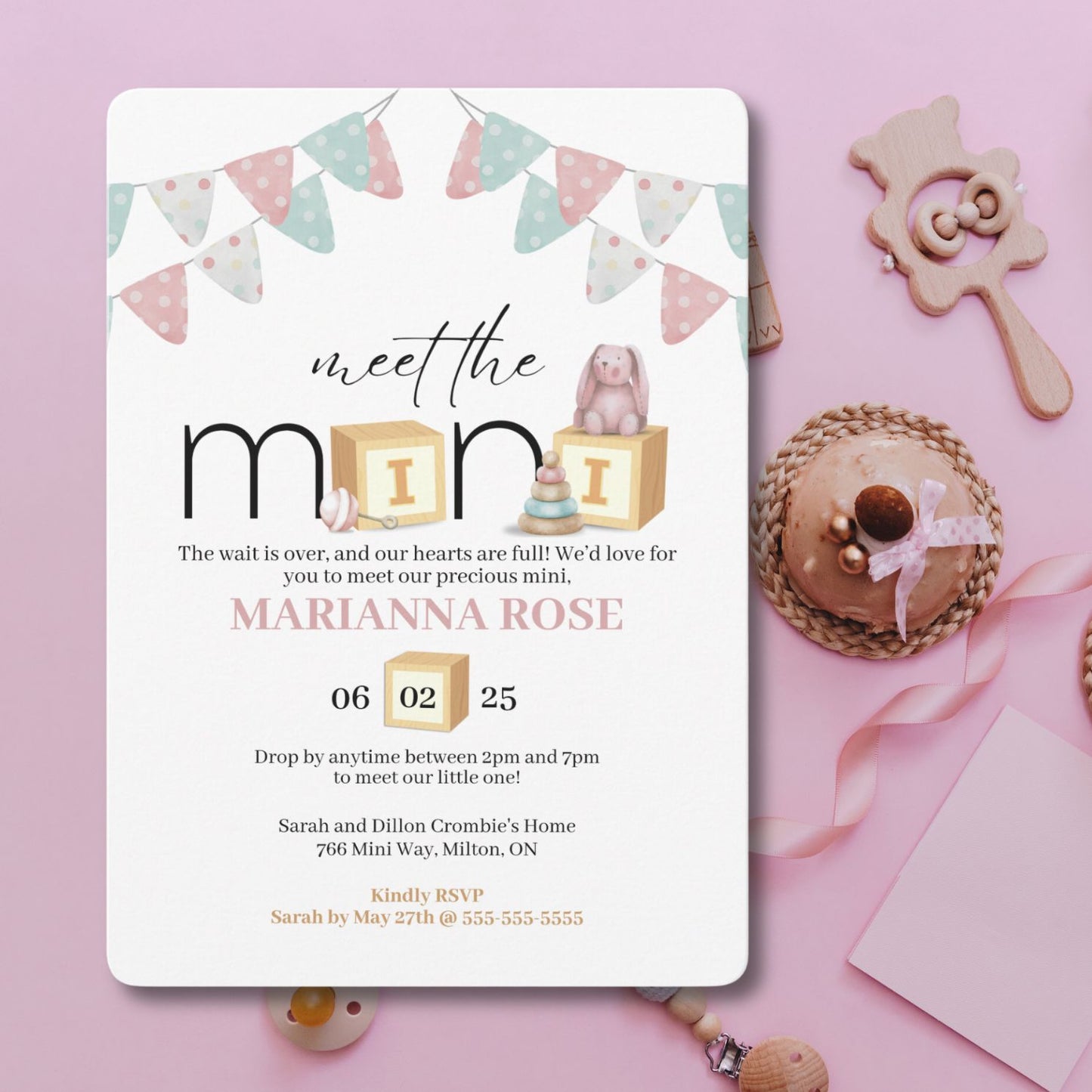 Meet The Mini Pink Baby Welcome Invitation