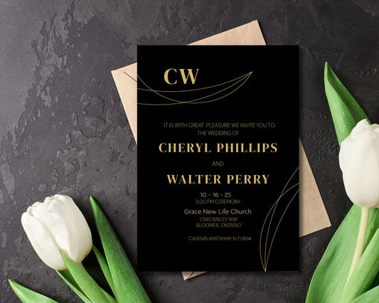 Modern Black and Gold Wedding Invitation Set, Wedding Invitation - Editable Template