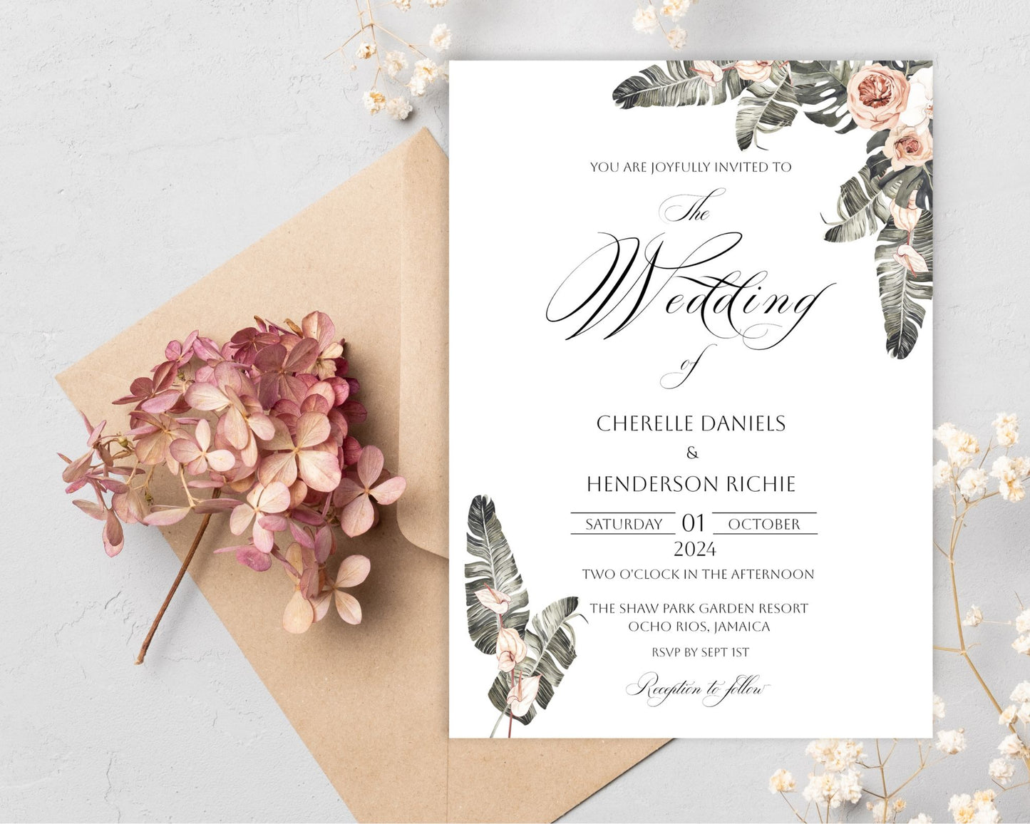 Black Palm Wedding Invitation Set, Wedding Invitation, Destination Wedding - Editable Template