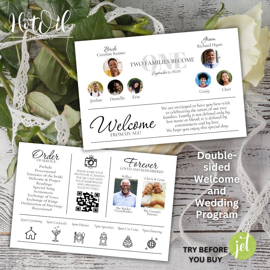 Blended Family Wedding Program Template, Welcome Card - Double-sided