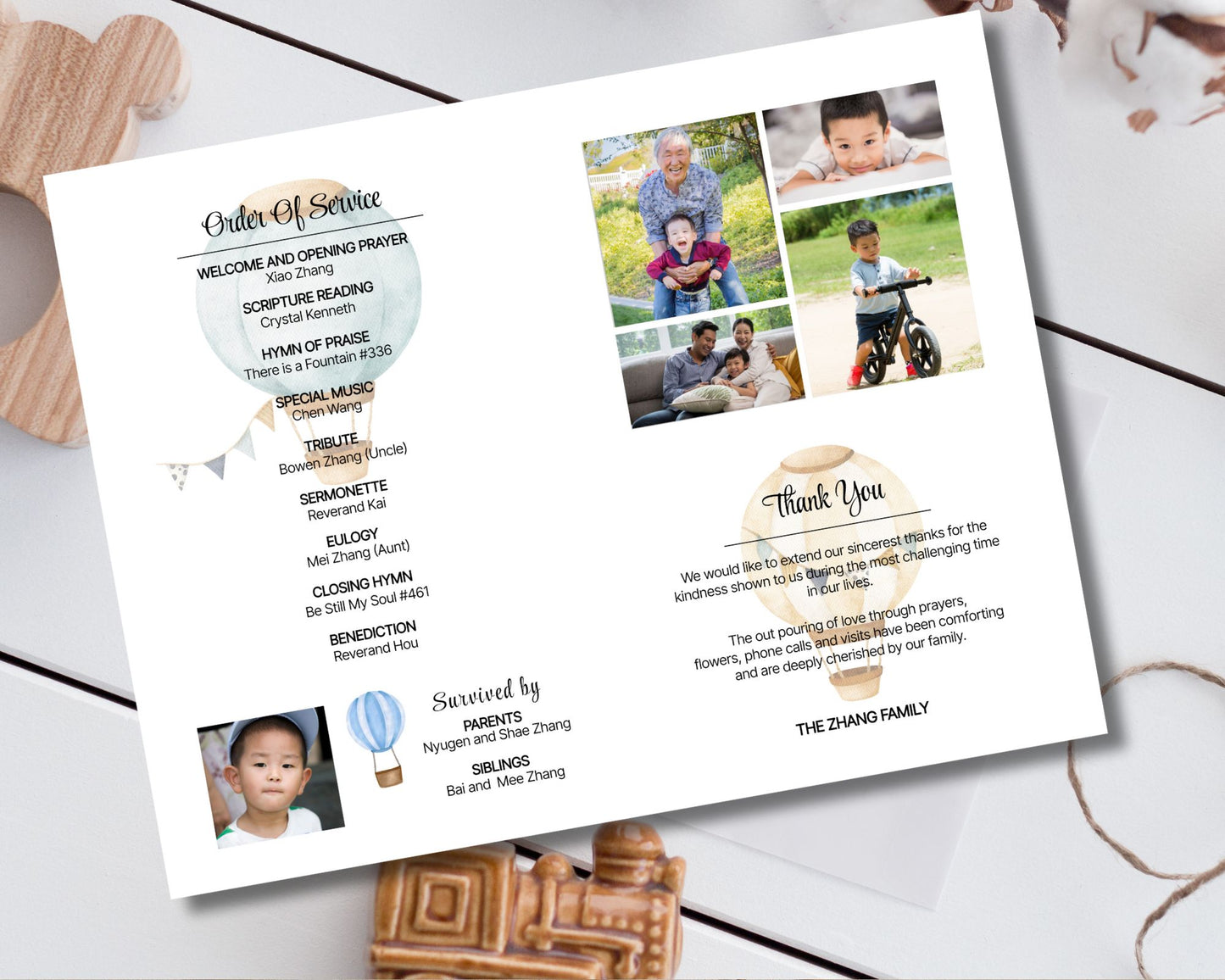 Kid's Hot Air Balloon Funeral Program, Funeral Program, Memorial Program - Double-Sided, Editable Template