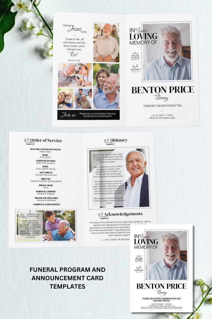 Funeral Program Template, Death Announcement Card, Memorial Program - Editable Template