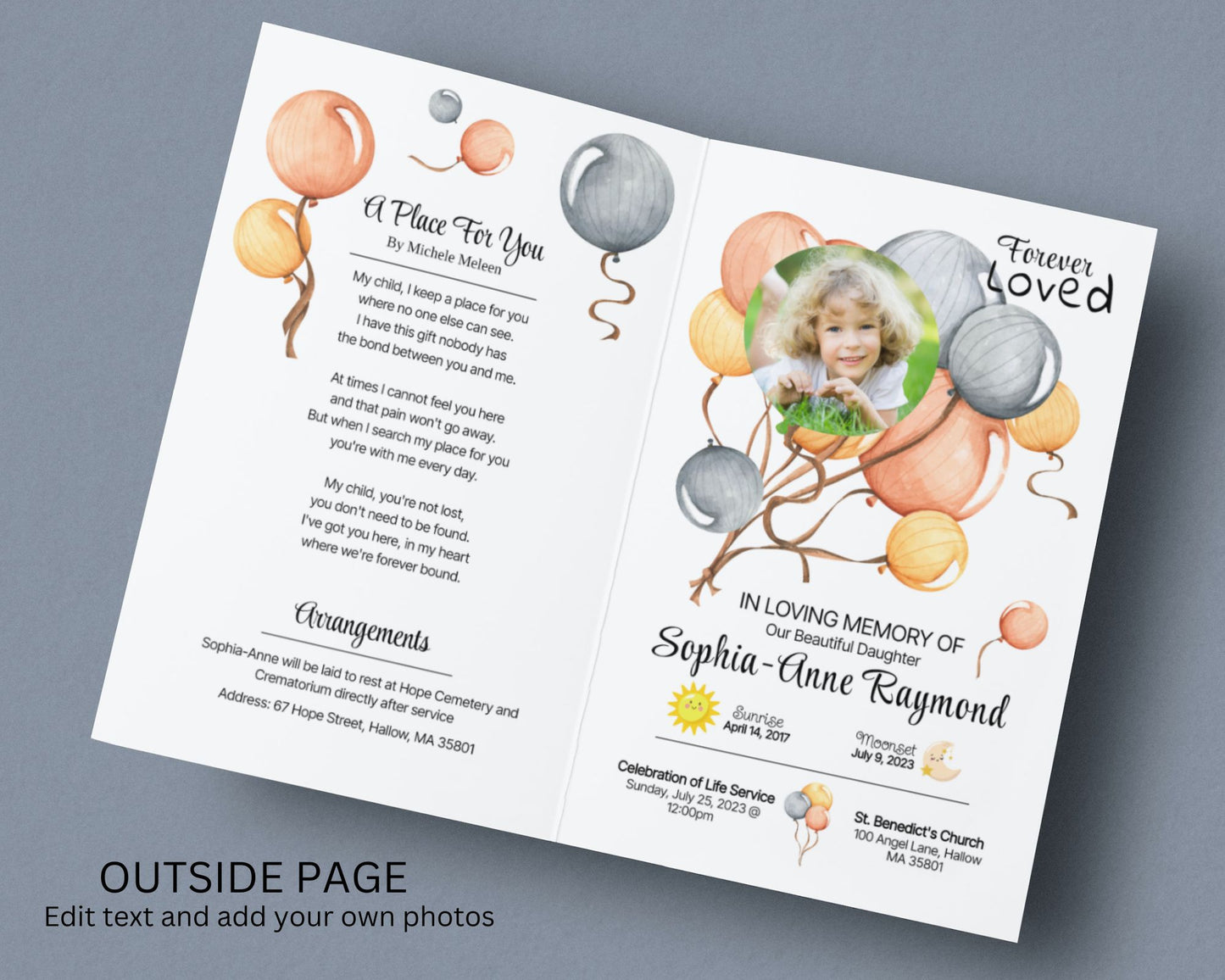 Kid's Balloon Funeral Program, Funeral Program, Memorial Program - Editable Template