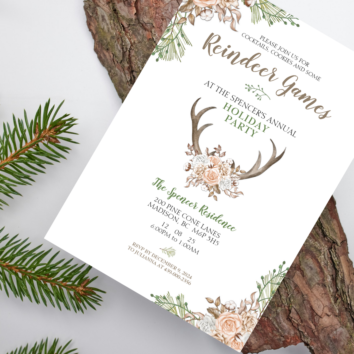 Reindeer Games Editable Holiday Party Invitation, Christmas Party Invitation - Size 5x7