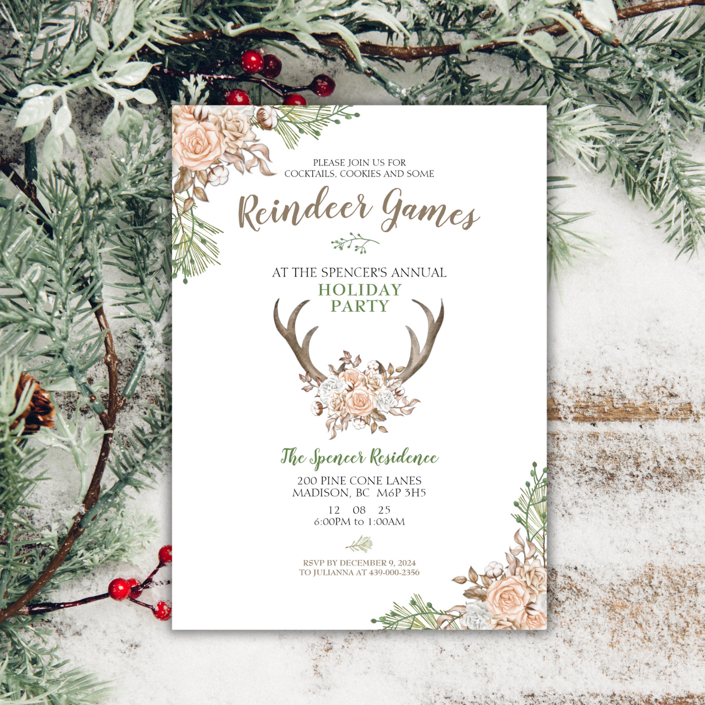 Reindeer Games Editable Holiday Party Invitation, Christmas Party Invitation - Size 5x7