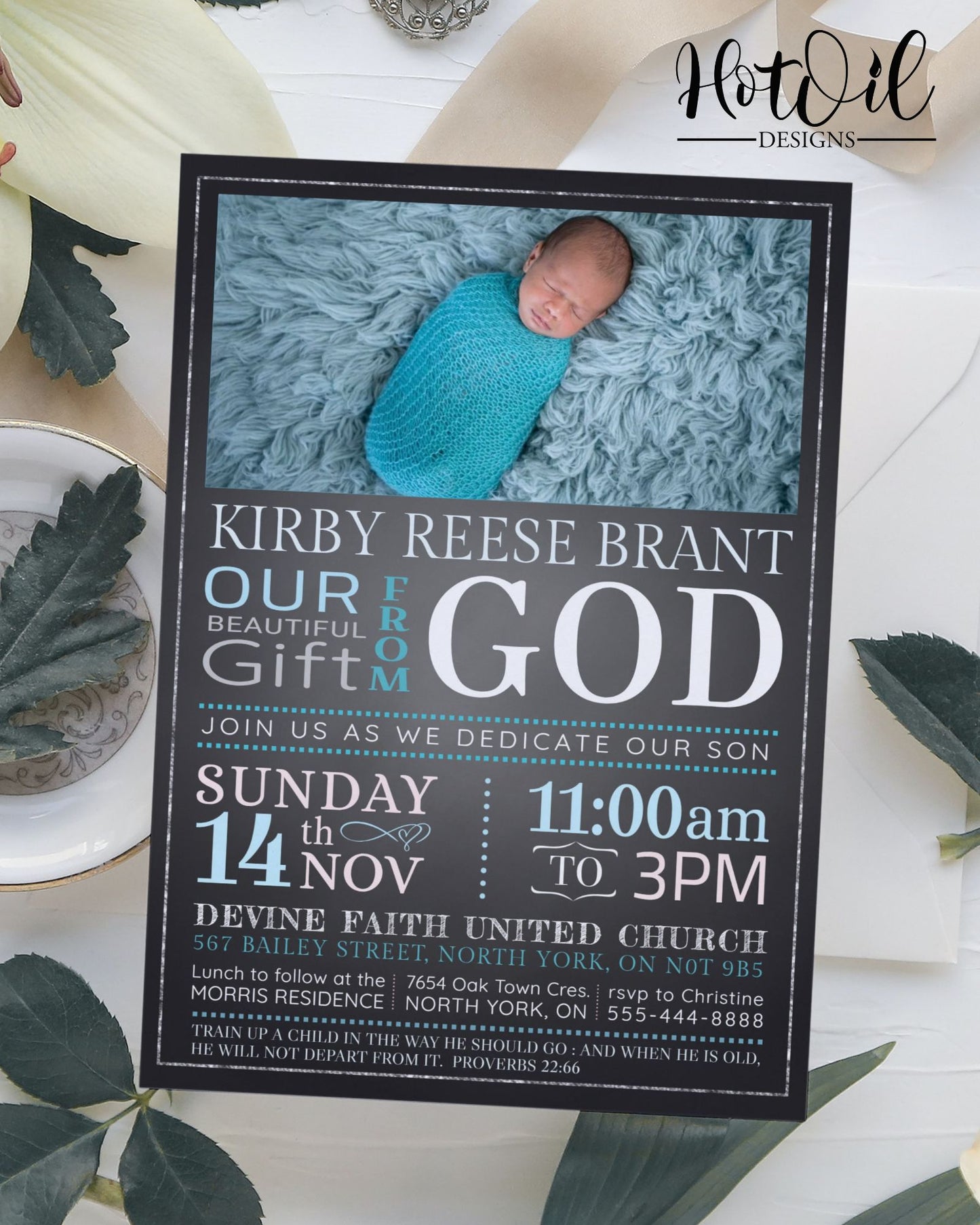 Baby Dedication Blue Invitation, Christening Invitation, Baby Blessing Invite  - Size 5x7, Editable Templates