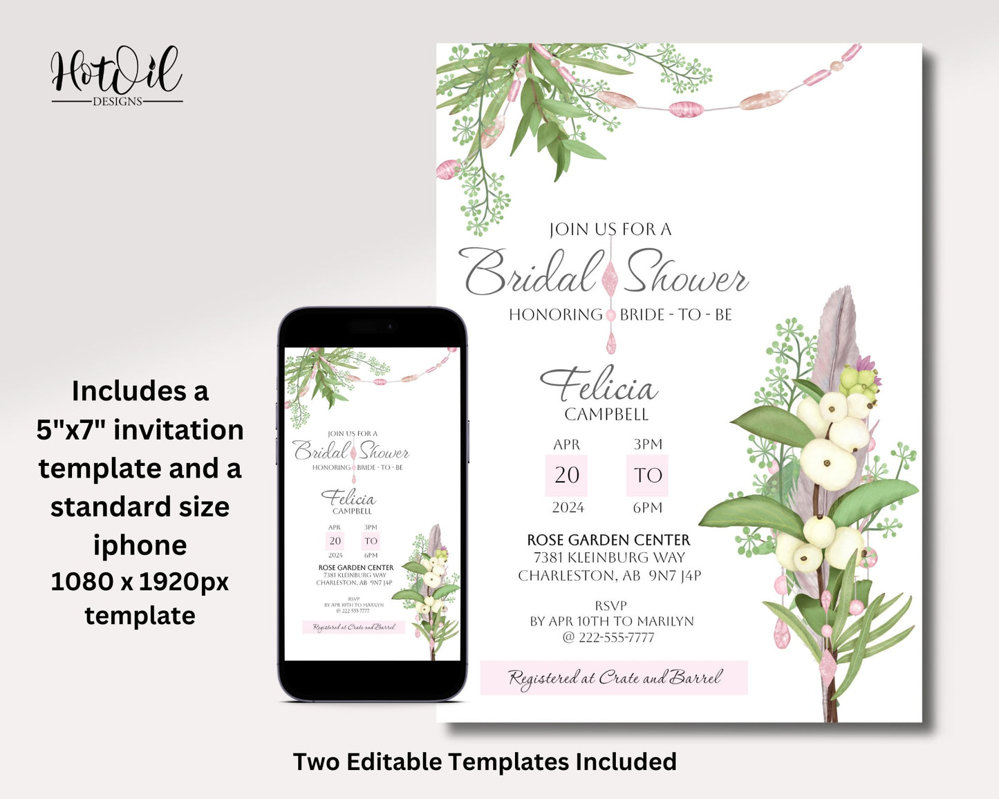 Boho Bridal Shower Invitation, Shower Invitation, Birthday Invitation  - Size 5x7, Editable Template