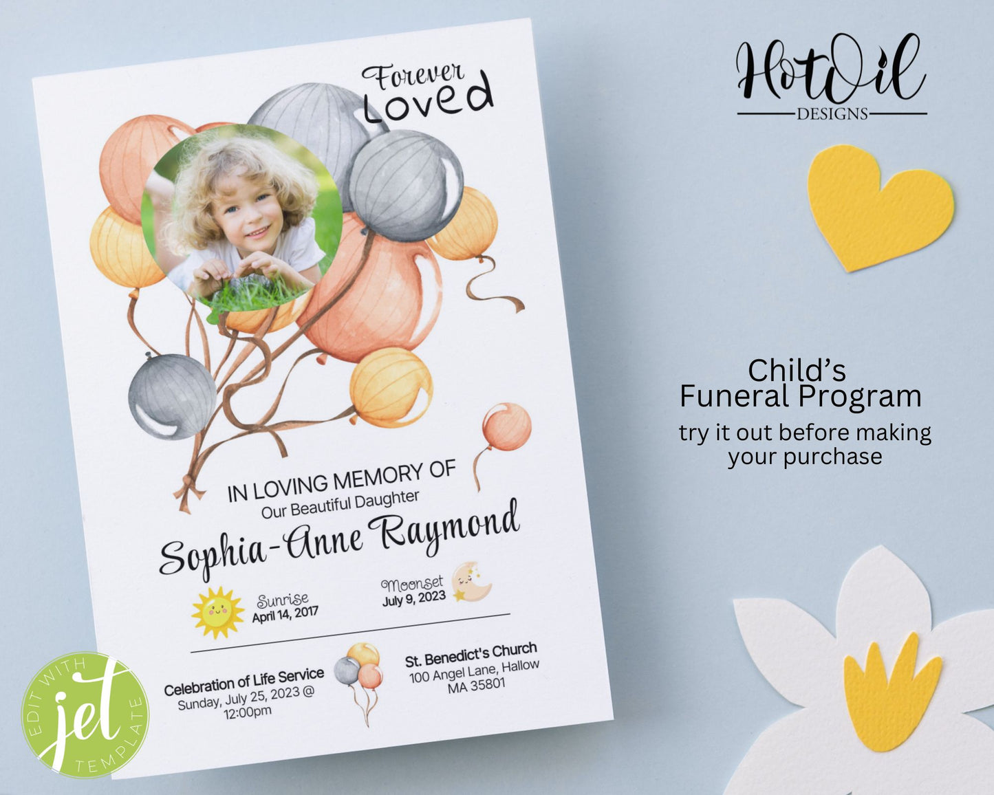 Kid's Balloon Funeral Program, Funeral Program, Memorial Program - Editable Template