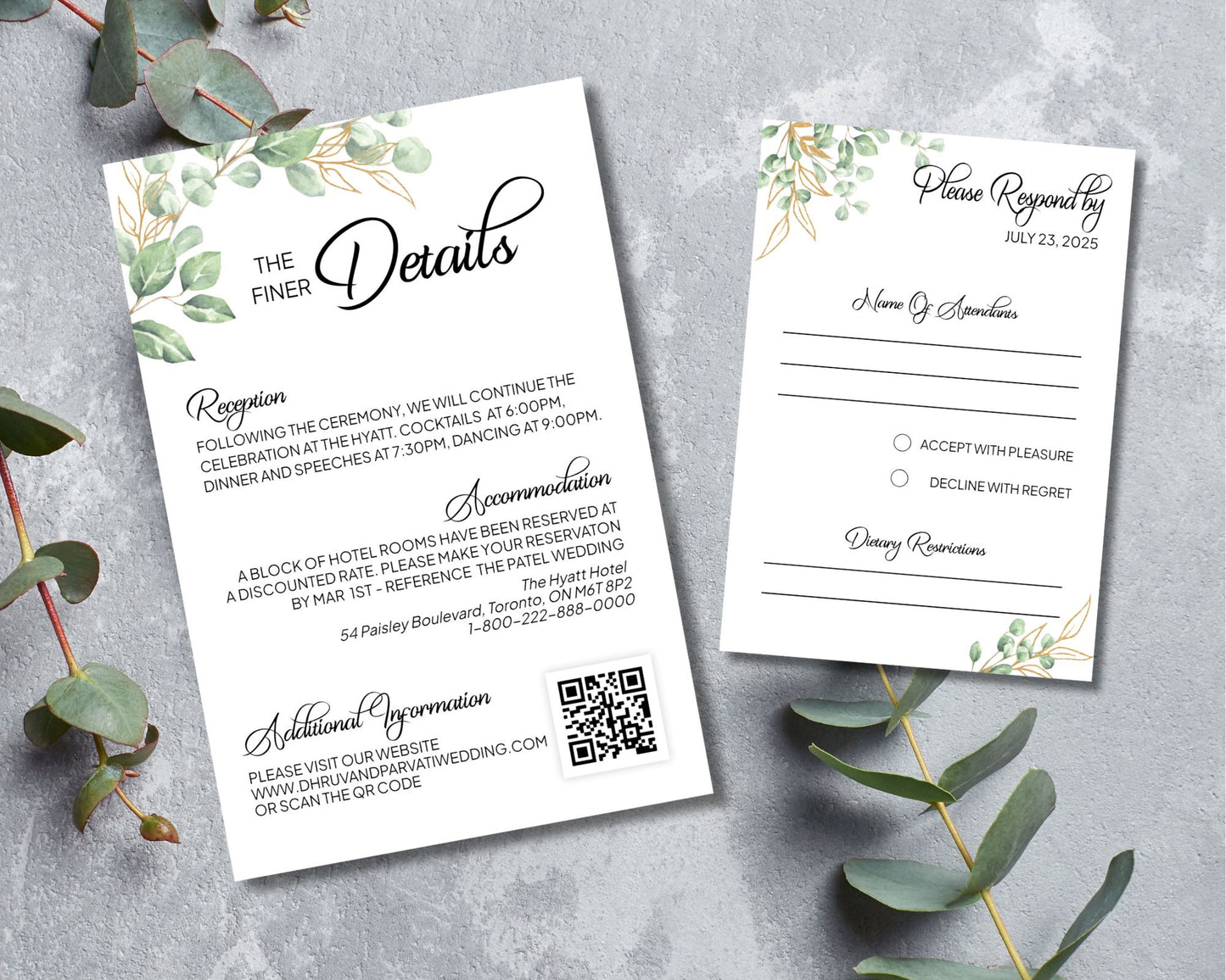 Eucalyptus Wedding Invitation Set, Wedding Invite, Detail Cards, RSVP Card - Editable Template