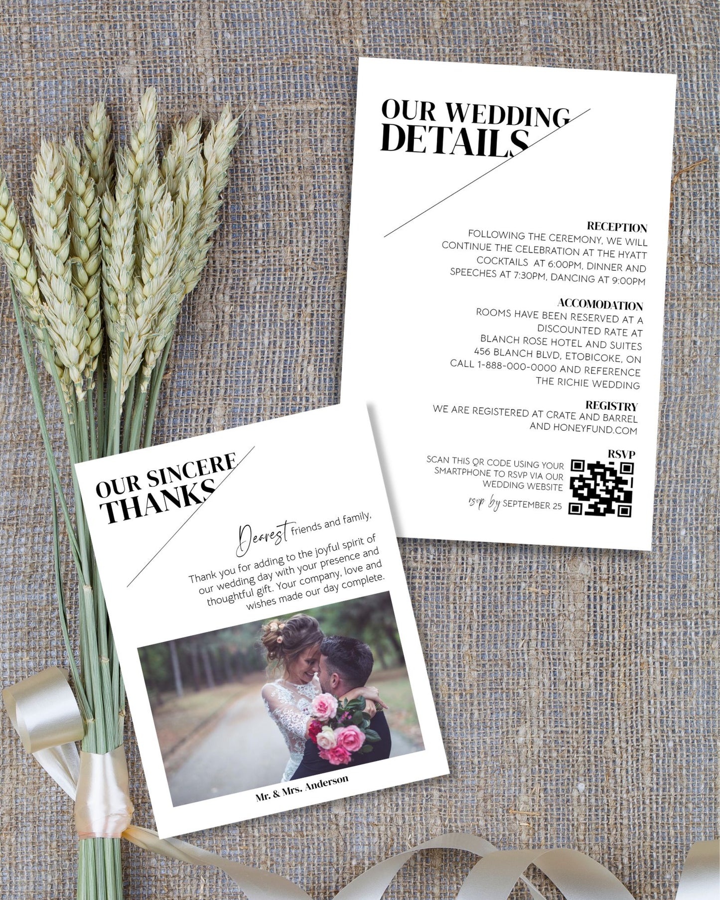 Minimalist Wedding Invitation Set, Wedding Invitation, Details Cards, RSVP Card, QR Code - Editable Templates