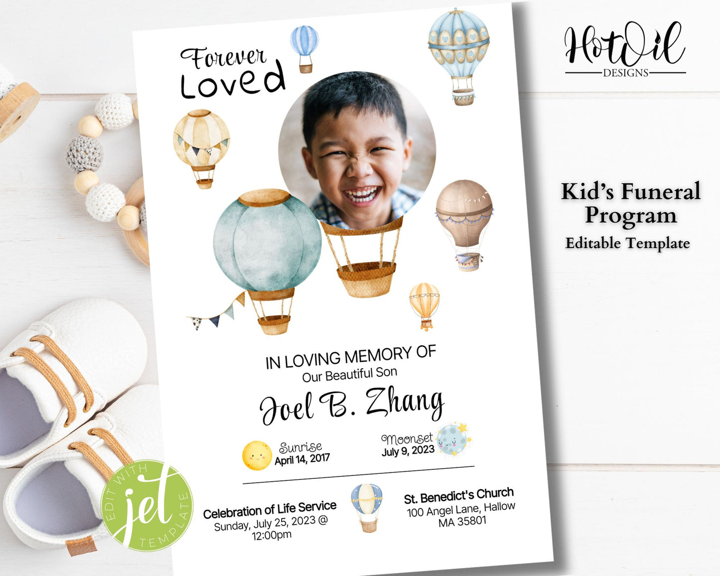 Kid's Hot Air Balloon Funeral Program, Funeral Program, Memorial Program - Double-Sided, Editable Template