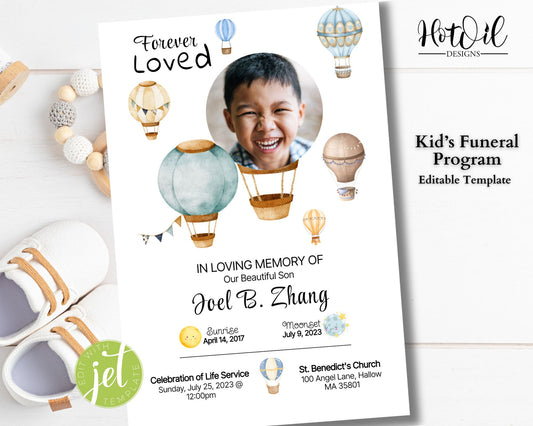 Kid's Hot Air Balloon Funeral Program, Funeral Program, Memorial Program - Double-Sided, Editable Template